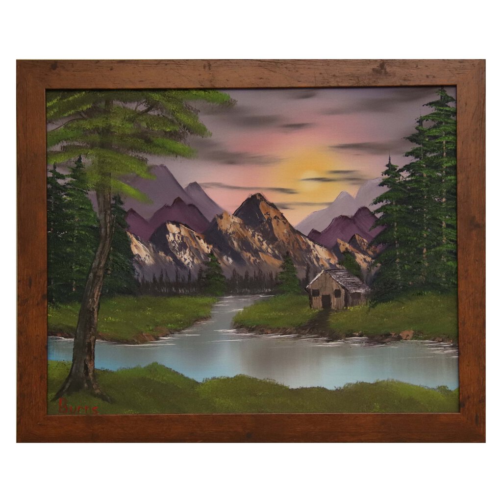 #53 Sunrise in the Mountains original oil on canvas 16"x20" with a brown frame