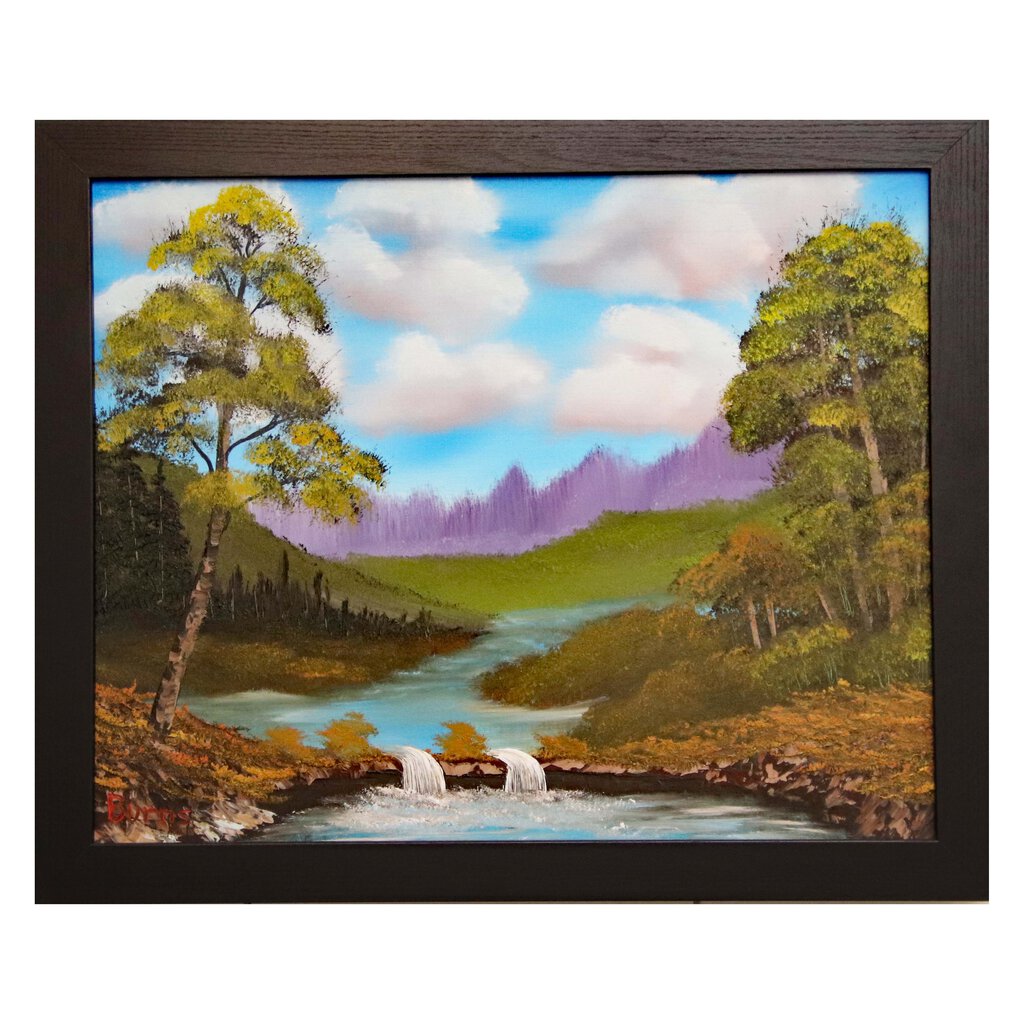 #56 Twin Waterfalls original oil on canvas 16"x20" with a black frame