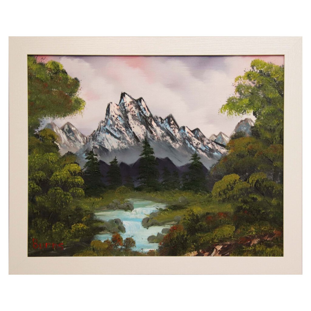 #70 Quiet Mountain River original oil on canvas 16"x20" with a white frame