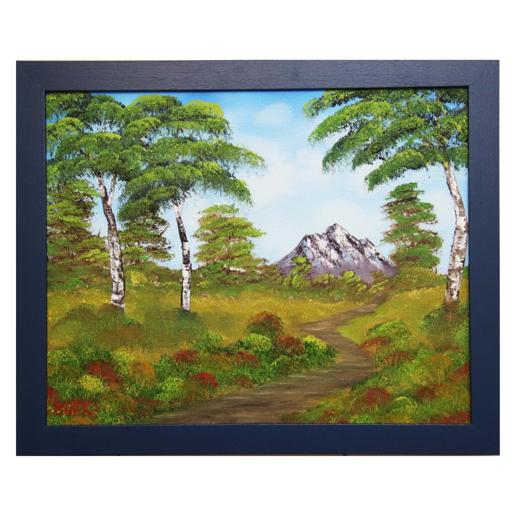 #148 Path to Little Mountain original oil on canvas 16"x20" with a blue frame
