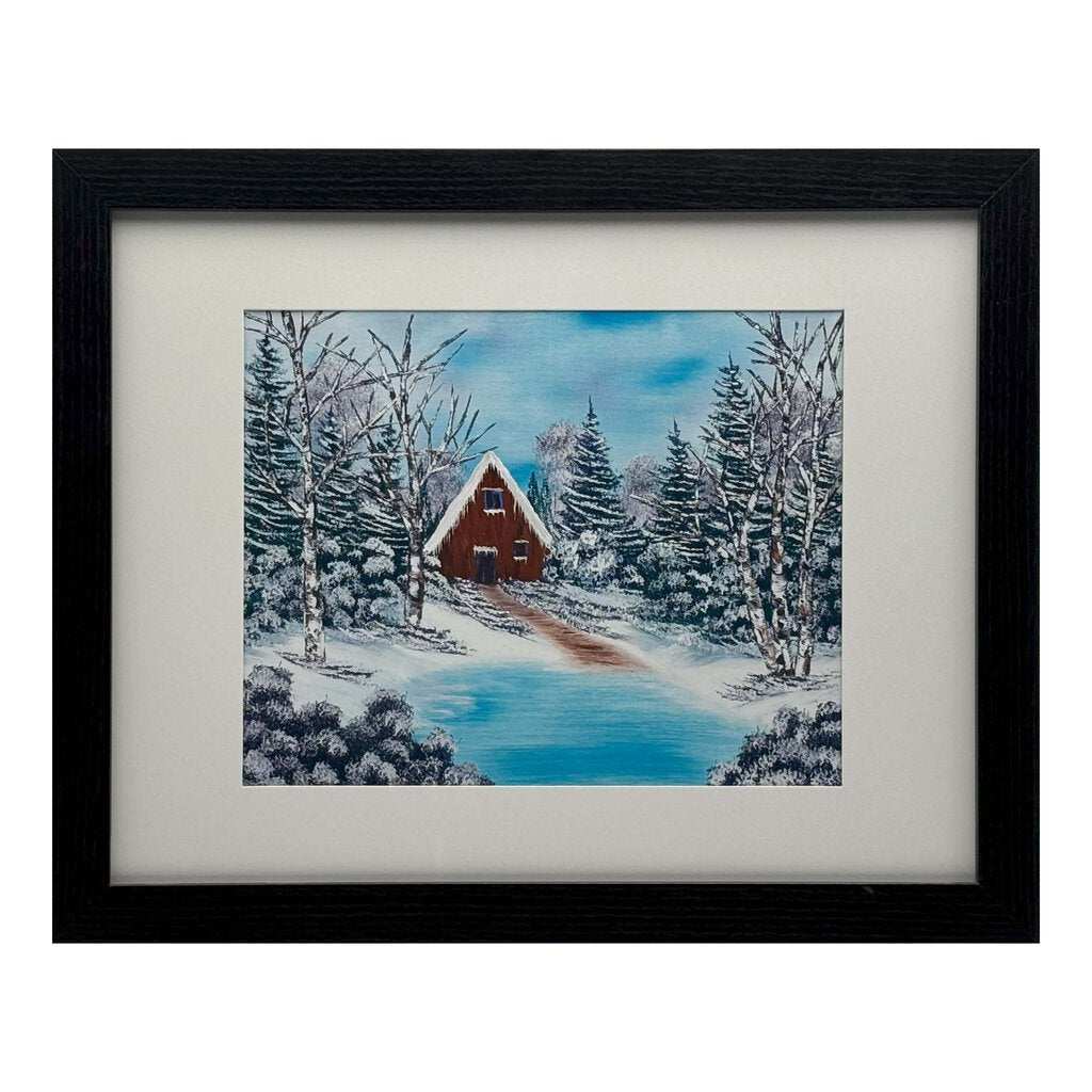 #214-11 Winter Cabin 11x14 black frame - 8x10 print