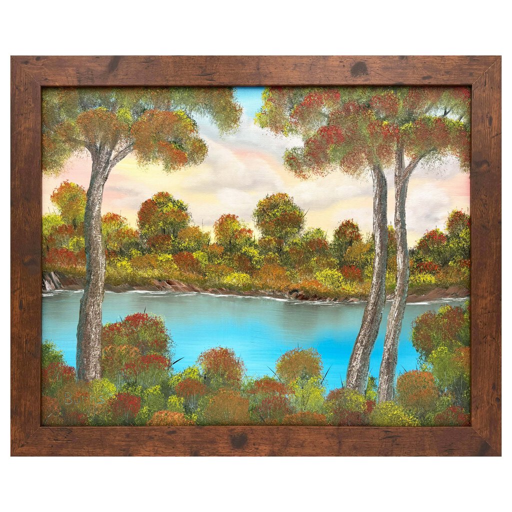 #202 Lazy Autumn River original oil on canvas 16"x20" with a brown frame