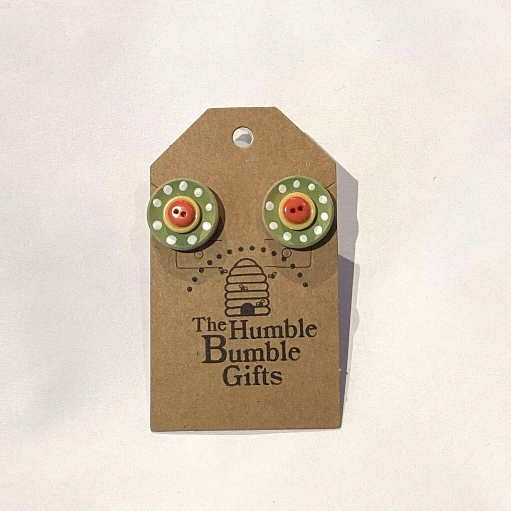 Button Stud Earrings Green Red