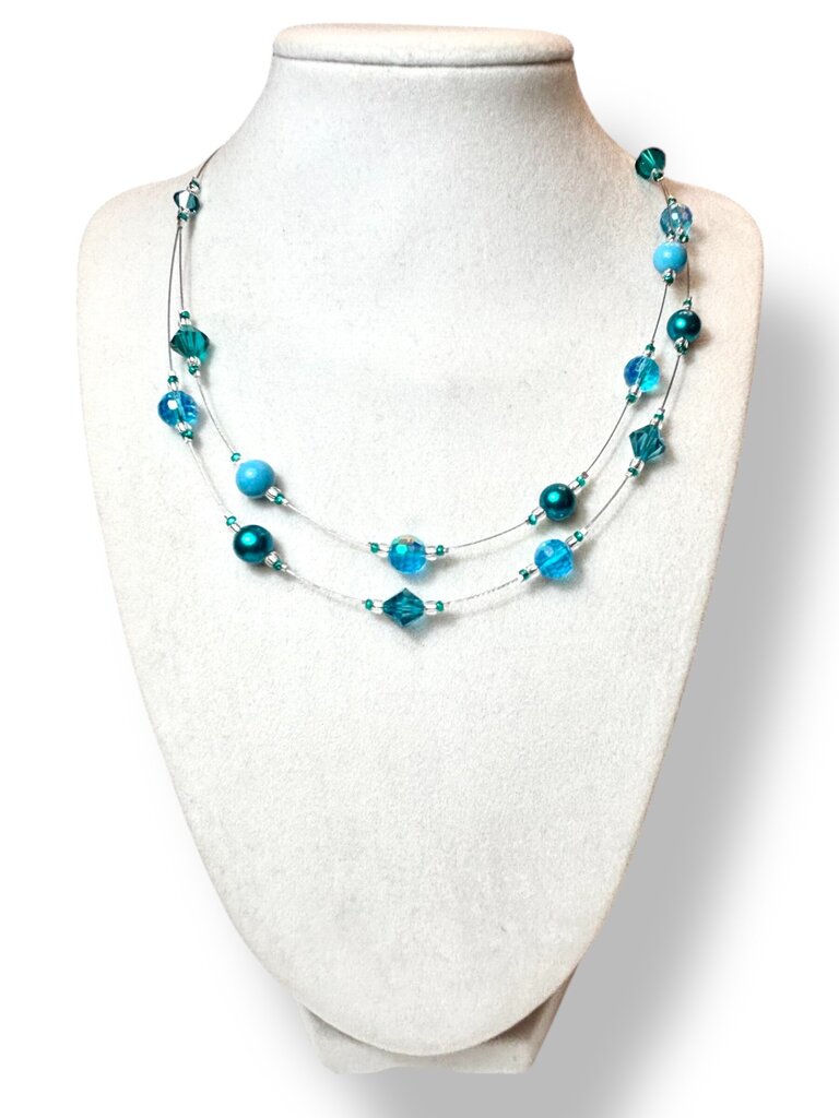 Swarovski Crystal & Pearl Necklace - Dbl - Aquas