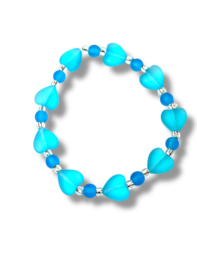 Tumbled Glass Bracelet - Hearts - Aqua & Capri