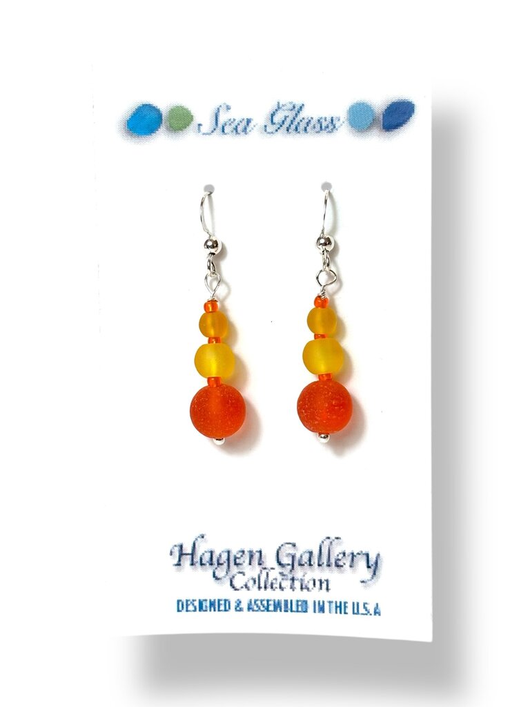 Tumbled Glass Earrings - triple round orange & yellow