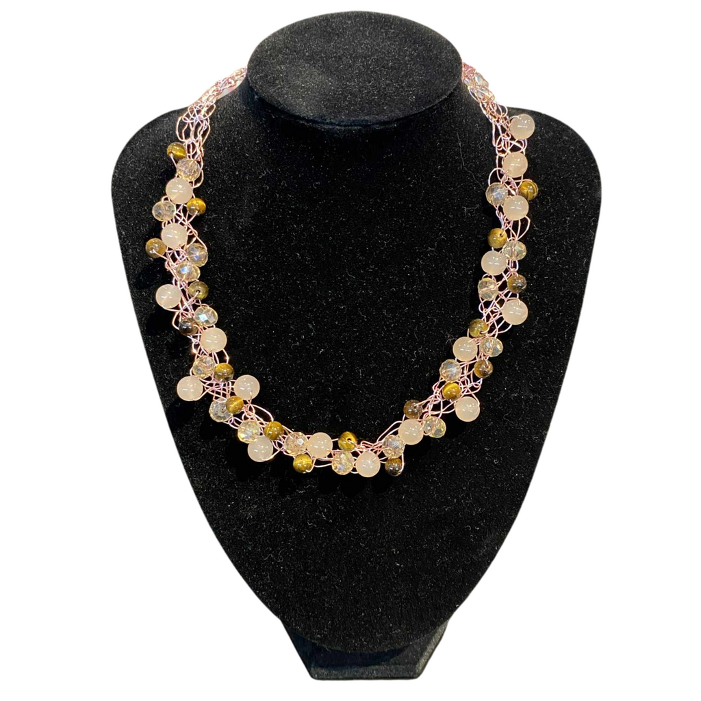 Crochet necklace with Rose Quartz and tiger eye