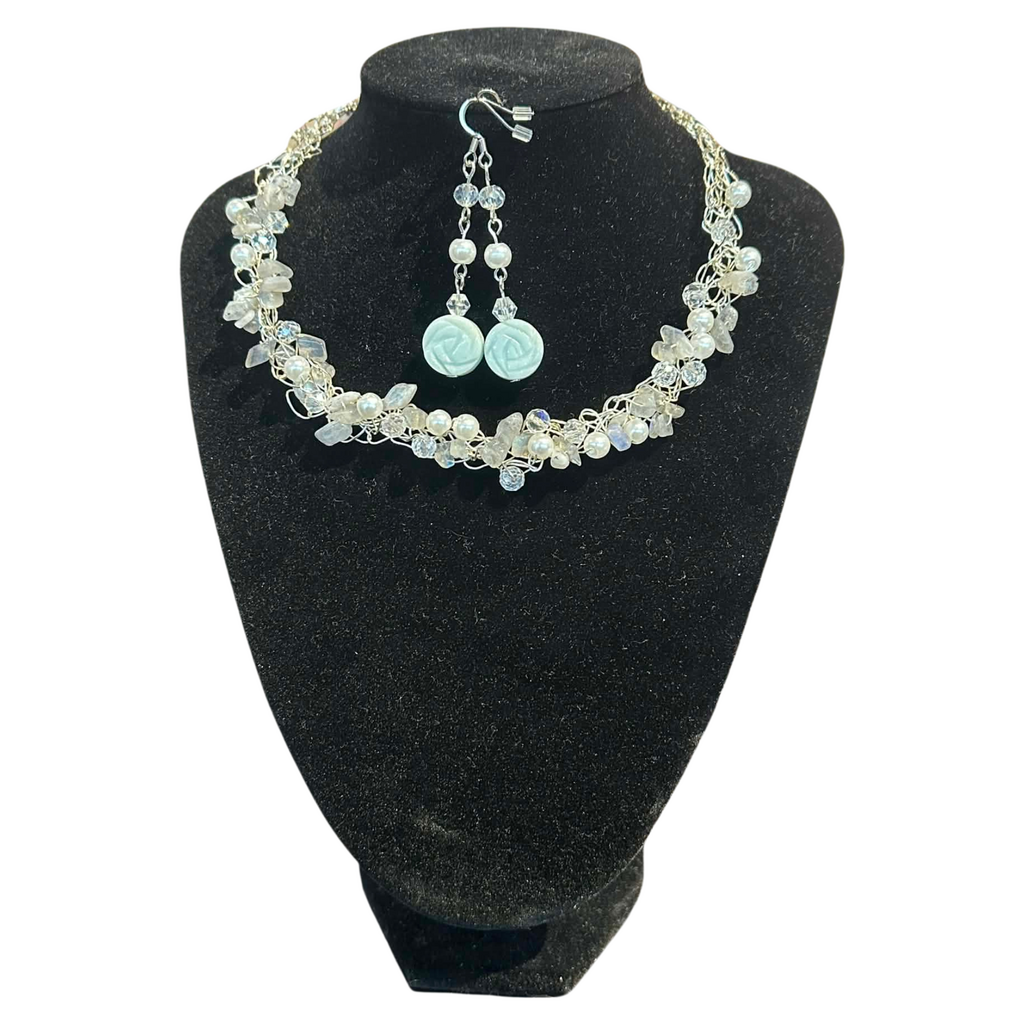 Crochet necklace and earring set Blue Opal, Blue lace Agate