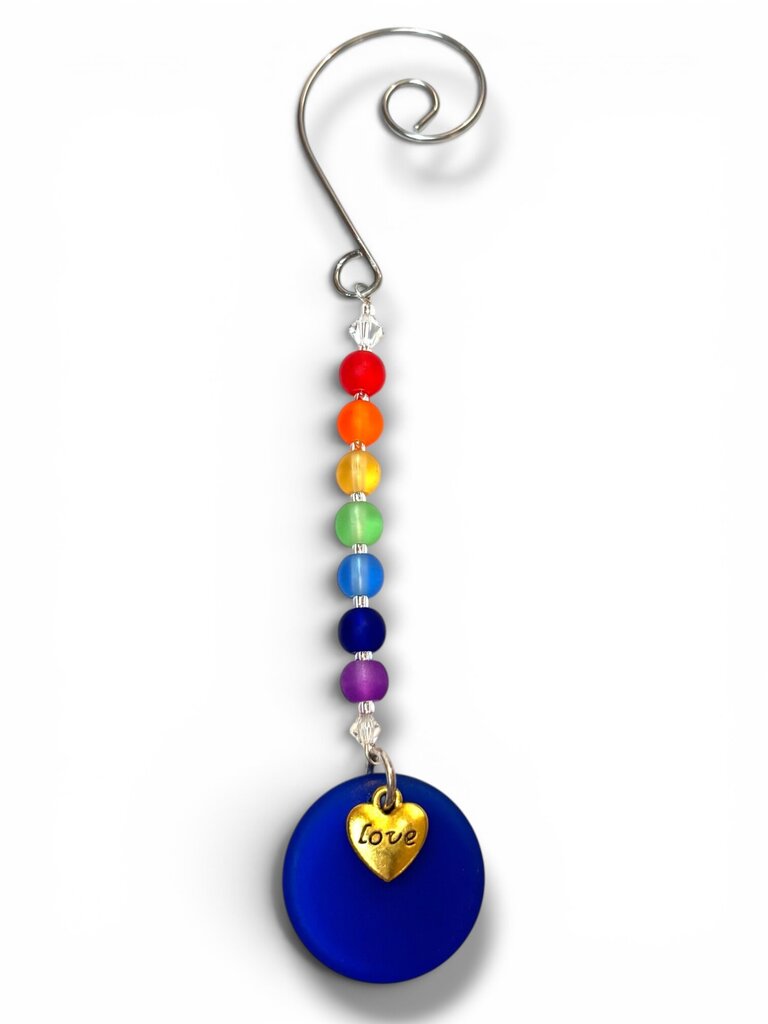 Tumbled Glass Pride Ornament - Blue Rd w Gold love