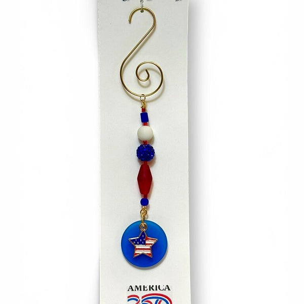 America 250 Ornament - Tumbled Glass Blue w star flag