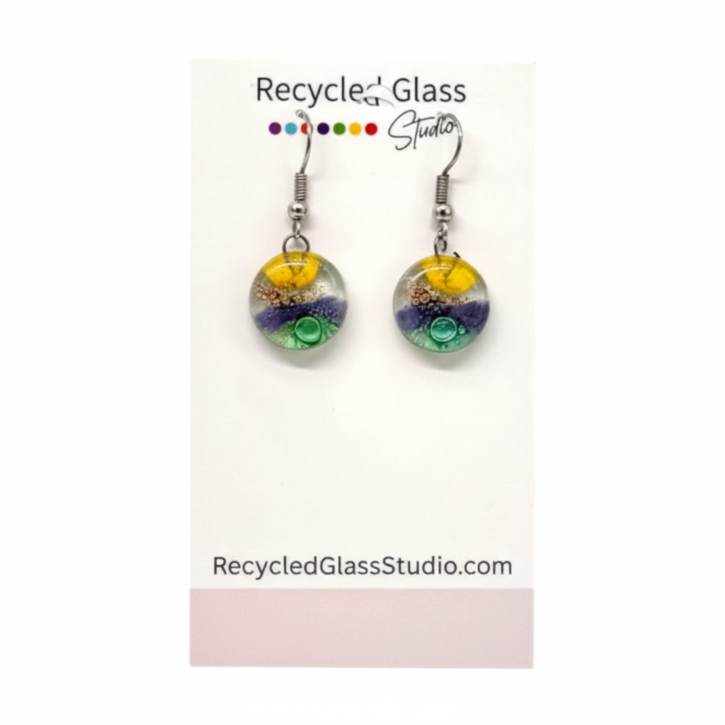 Yellow|Purple|Green Bubbly Fused Glass Dangles