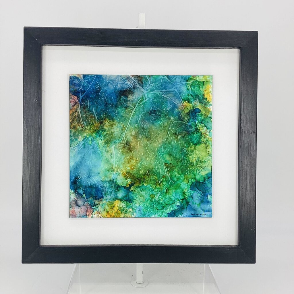 8X8 ABSTRACT MOUNTED AND FRAMED TO 13X13 ALCOHOL INKS