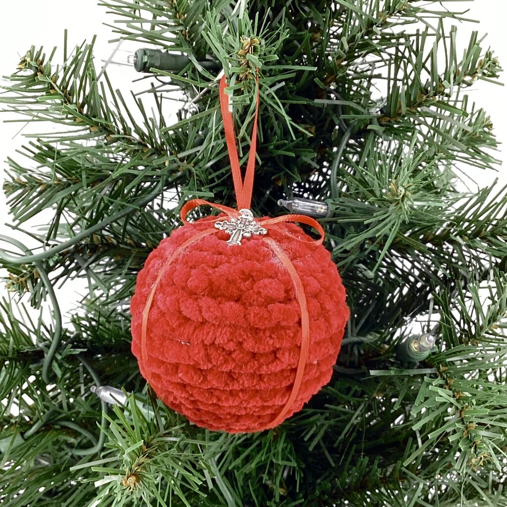 Bright Red crochet shatterproof ornament w/cross