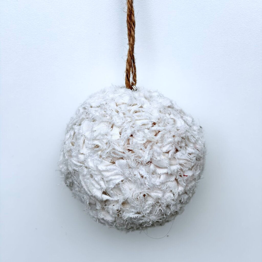 Off white fabric snowball shatterproof ornament