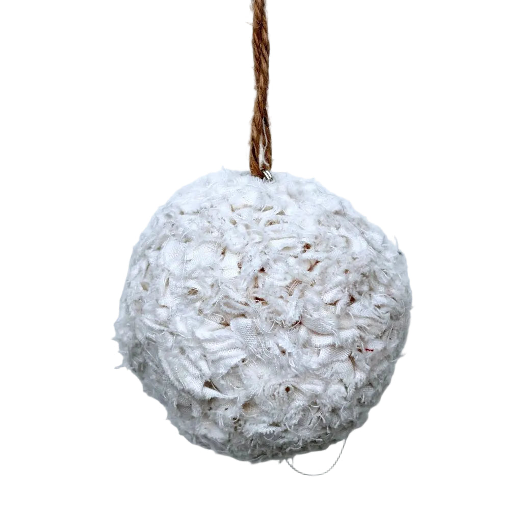 Off white fabric snowball shatterproof ornament