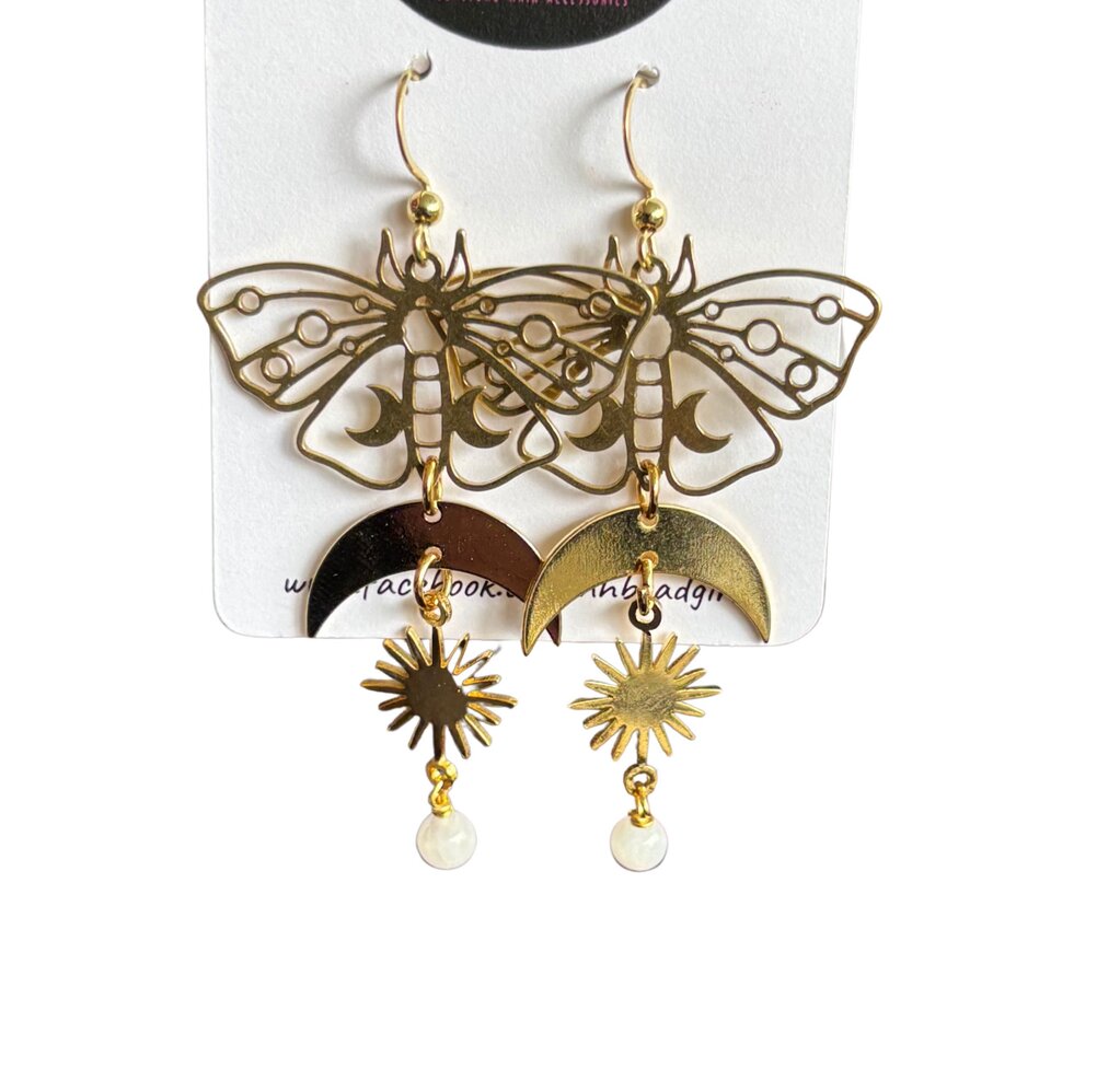 Gold Stainless steel moth with moonstone earring