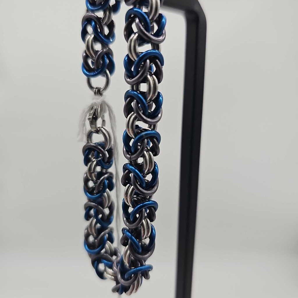 8" Blue, Gray, Silver Byzantine Bracelet