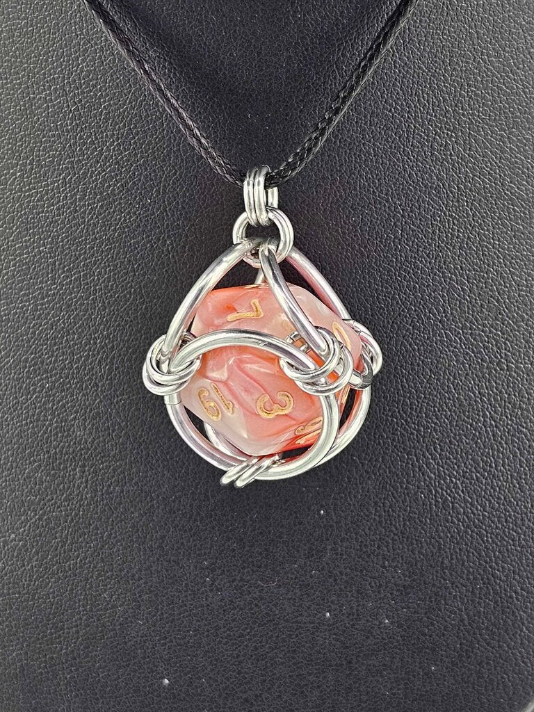 Caged D20 Necklace - Red White Marble, 20 inch Black Cord