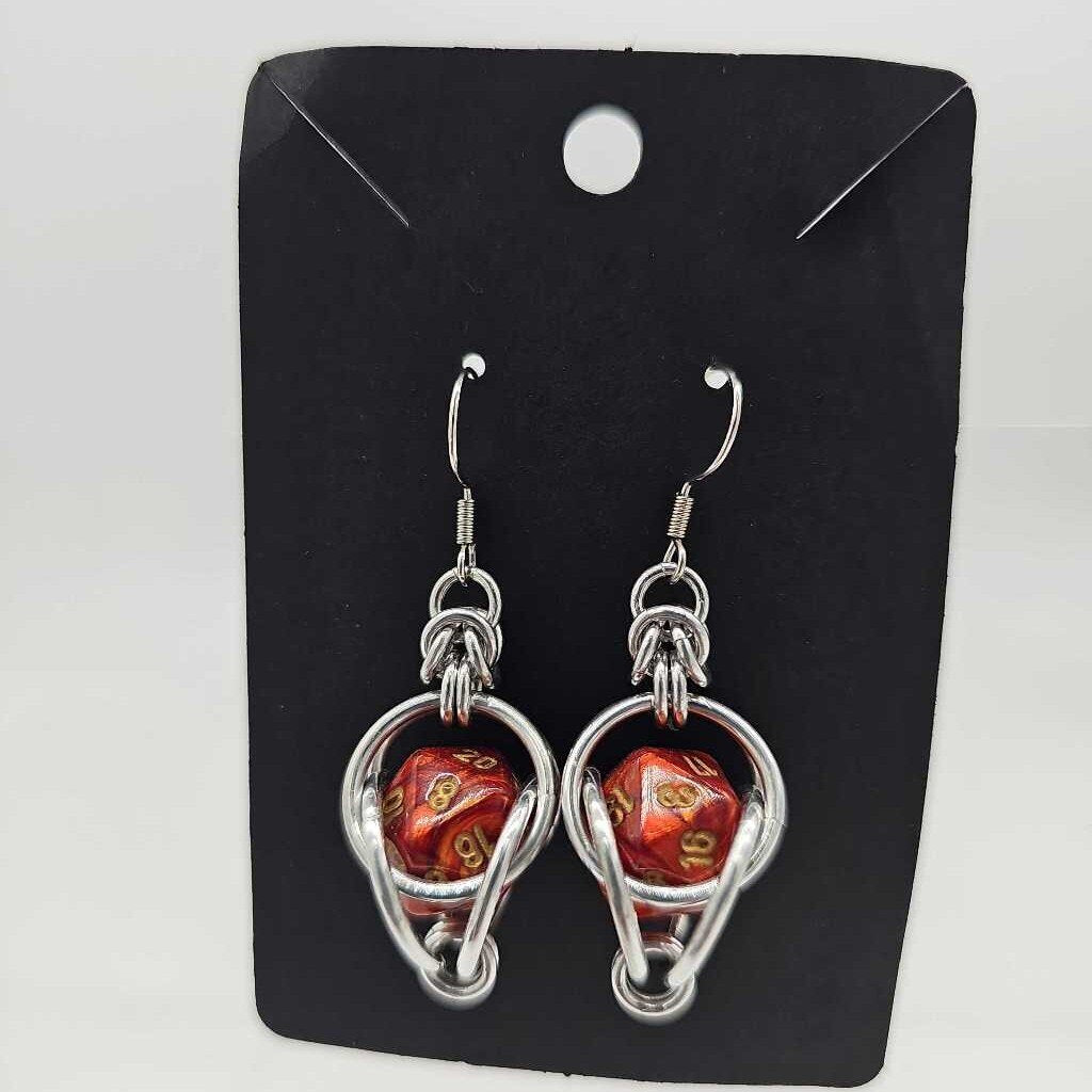 Mini D20 Earrings Silver with Red Dice