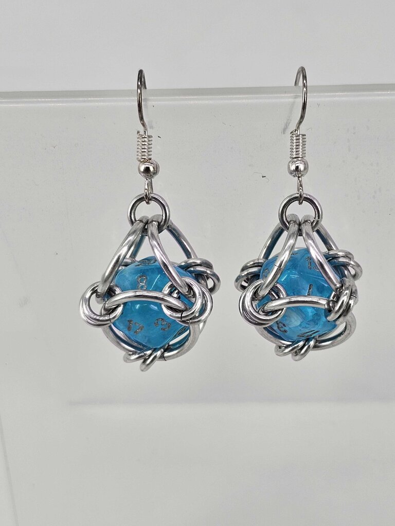 Mini D20 Earrings Silver with Translucent Blue D20