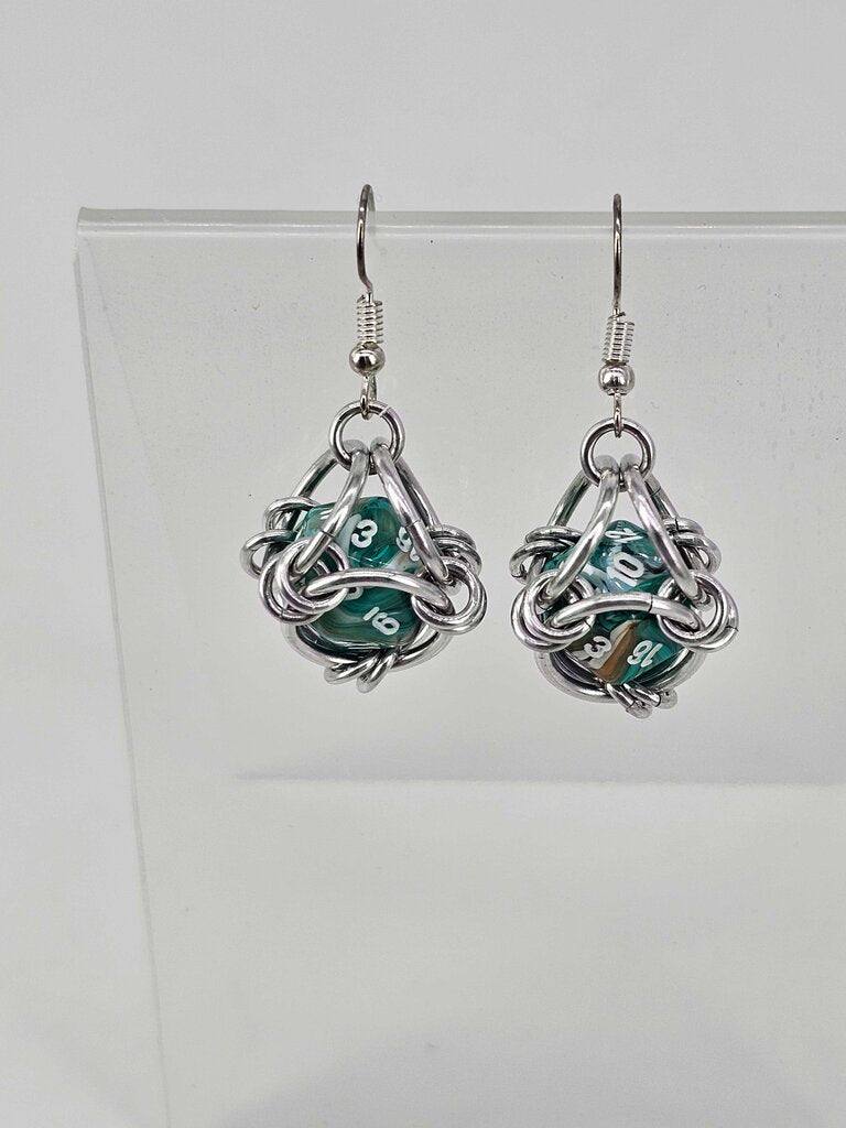 Mini D20 Earrings Silver with green swirl D20