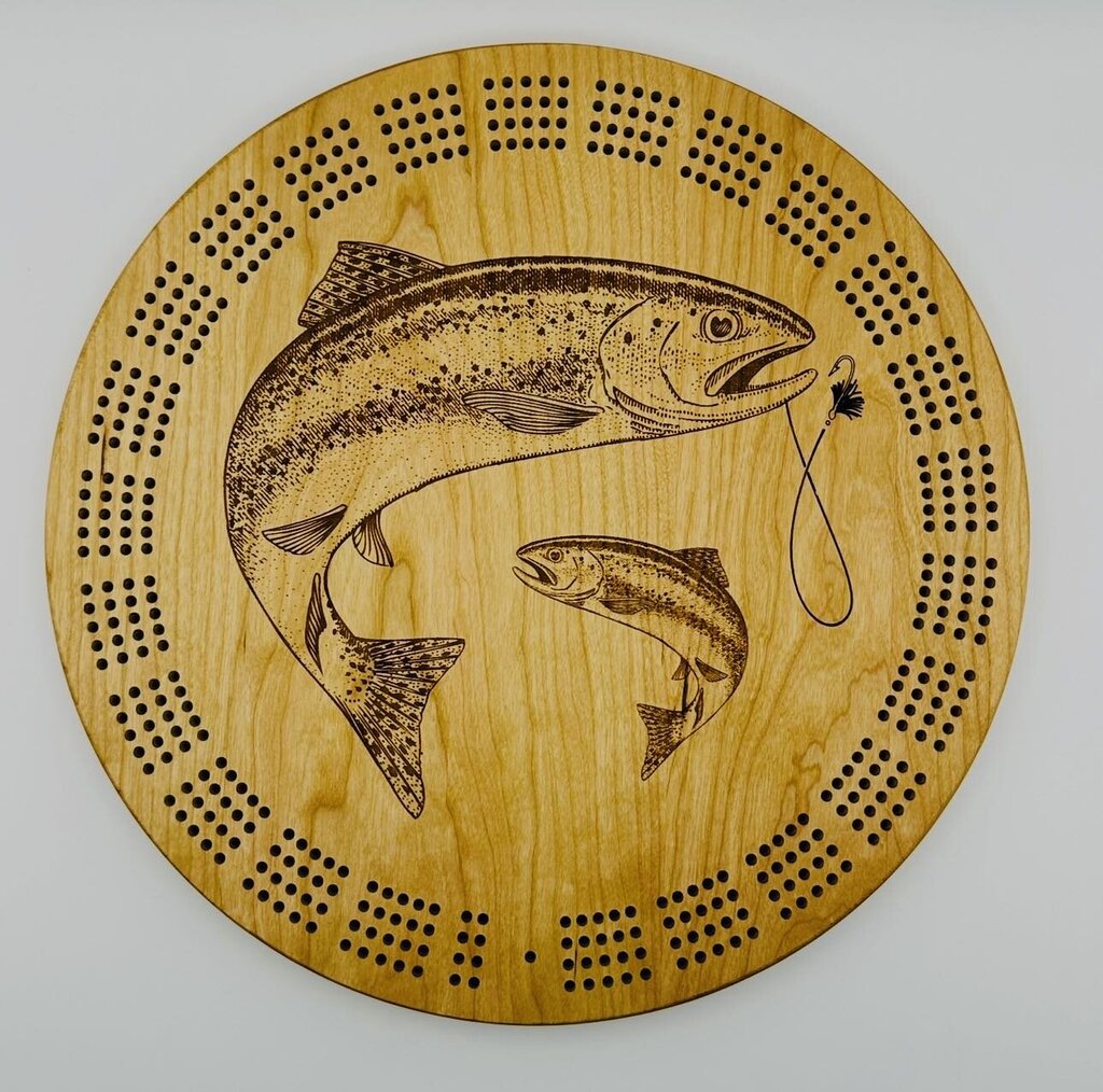 Round Cribbage Board with Trout