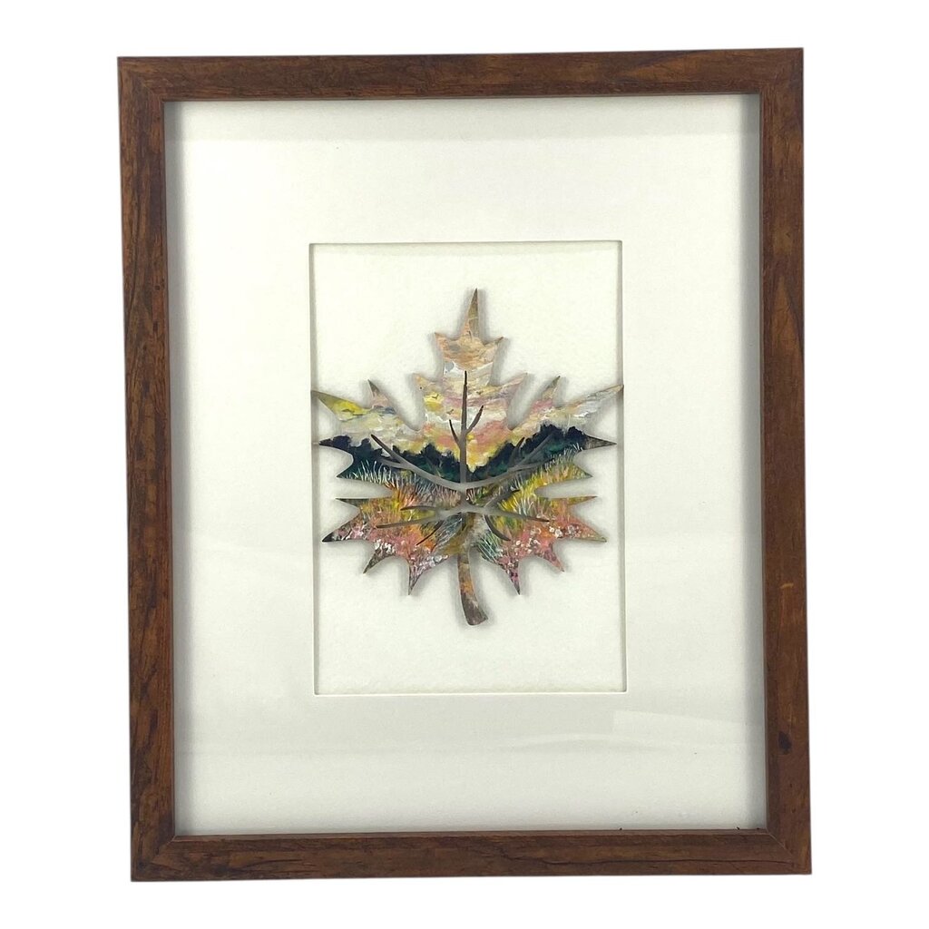 Wooden Maple leaf hand painted and framed