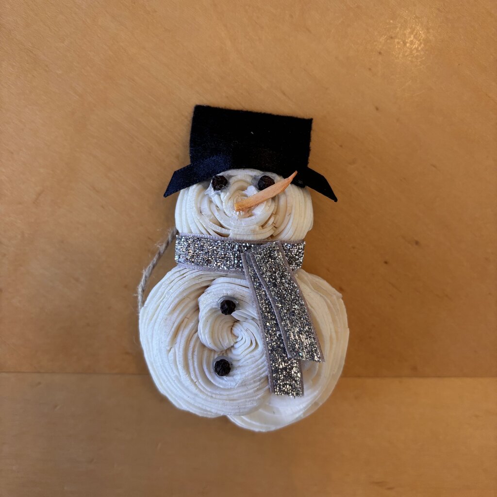Tiny Snowman Ornament/Magnet-Silver Scarf made from Sola Wood Flowers