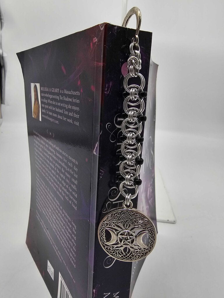 Silver Black Beaded Helm Bookmark Triple Moon Charm on Metal Bookmark