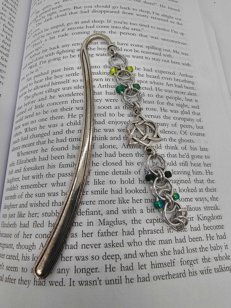 Silver Green Beaded Helm Bookmark Celtic Open Heart Charm on Metal Bookmark