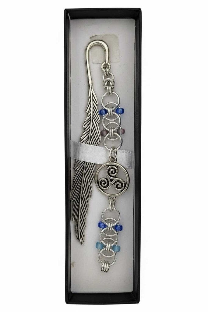 Silver Blue Beaded Helm Bookmark Swirl Charm on Metal Feather Bookmark