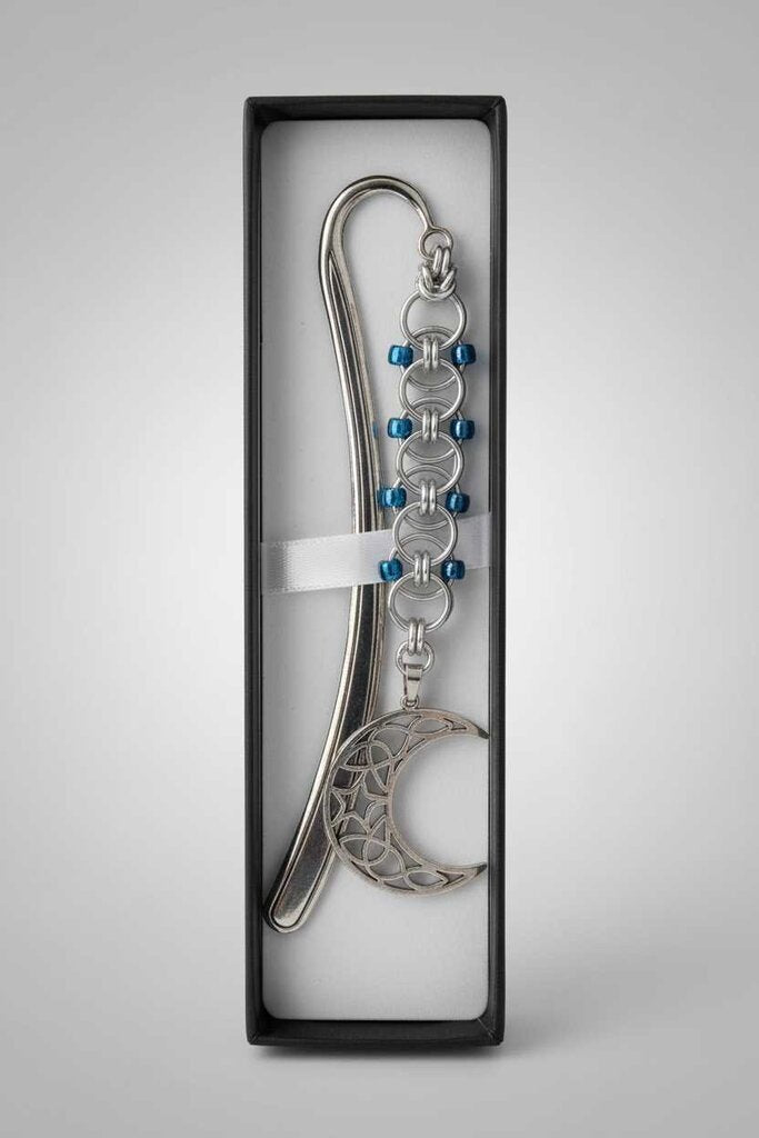 Silver Blue Beaded Helm Bookmark Crescent Moon Charm on Metal Bookmark