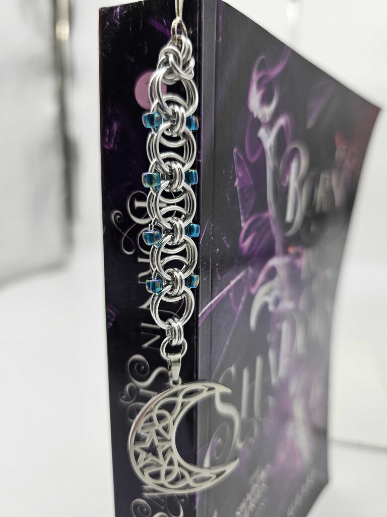 Silver Blue Beaded Helm Bookmark Crescent Moon Charm on Metal Bookmark