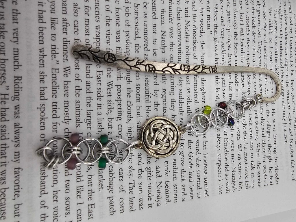 Silver Reds, Greens, Yellows Beaded Helm Bookmark Celtic Charm on Metal Flowers Bookmark