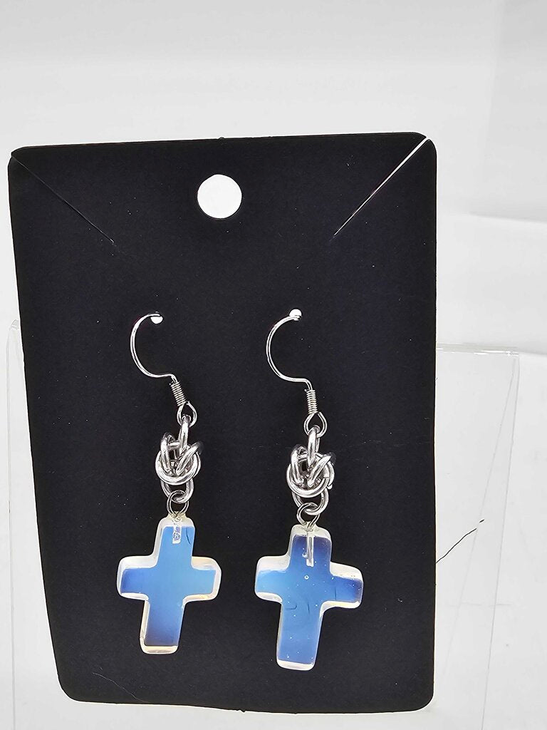Silver Half Byzantine with Opalite Cross Earrings