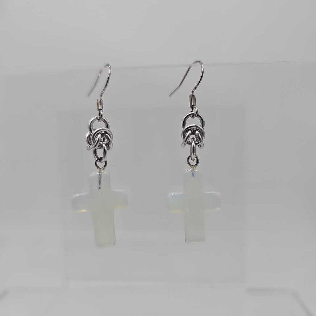 Silver Half Byzantine with Opalite Cross Earrings