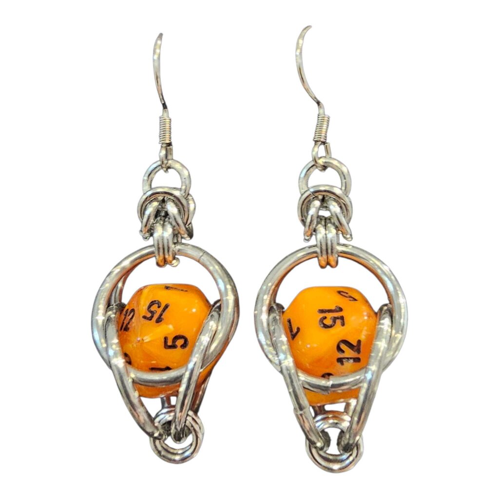 Mini D20 Earrings Silver with Marble Orange D20