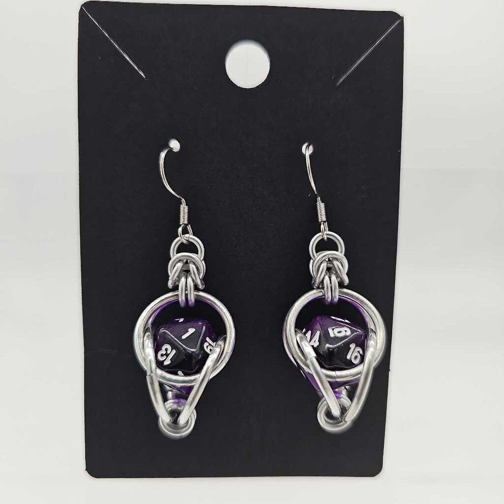 Mini D20 Earrings Silver with Translucent Dark Purple D20