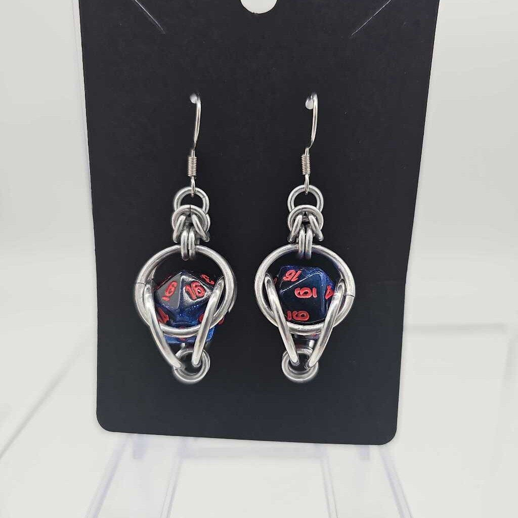 Mini D20 Earrings Silver with Sparkly Dark Blue D20