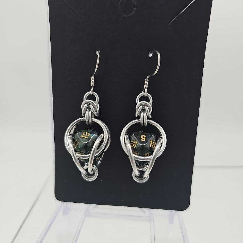Mini D20 Earrings Silver with Marble Dark Green D20