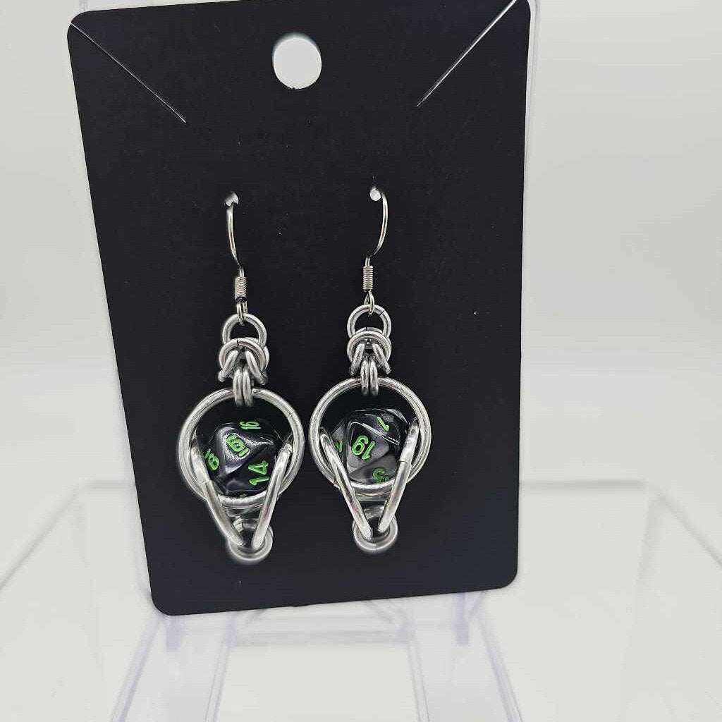 Mini D20 Earrings Silver with Marble Gray Black D20 Green numbers