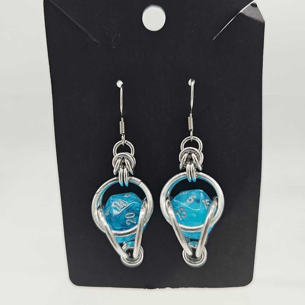 Mini D20 Earrings Silver with Marble sky blue D20