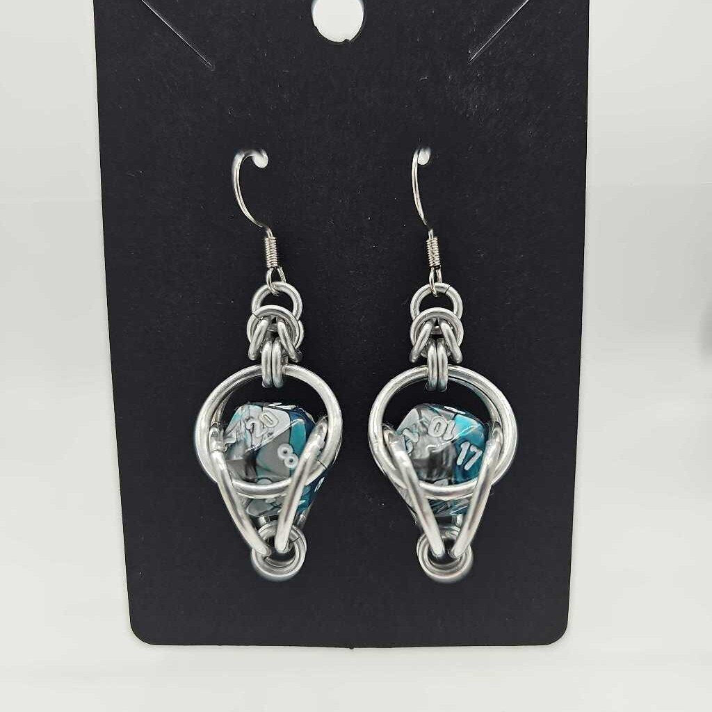 Mini D20 Earrings Silver with Marble Gray and Teal