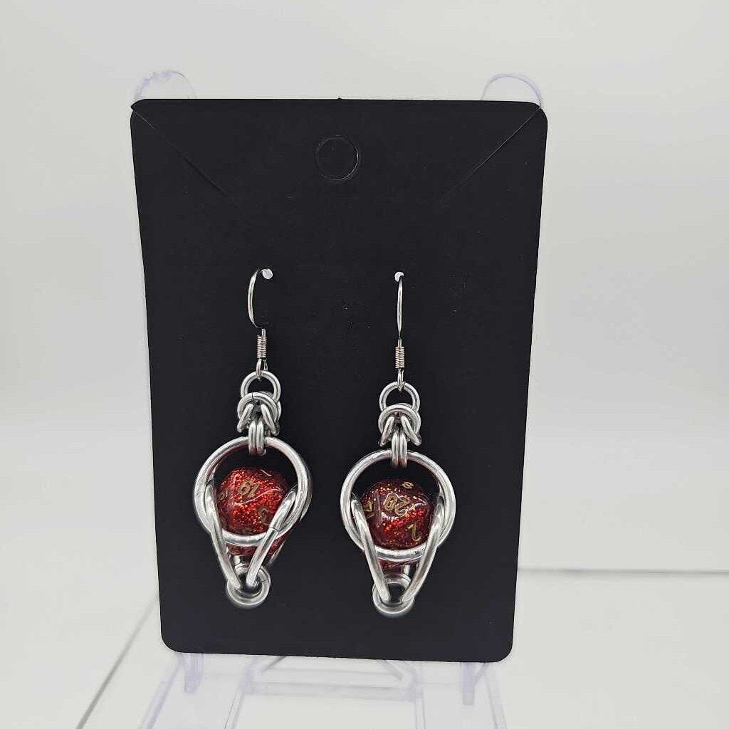 Mini D20 Earrings Silver with Sparkly Red D20