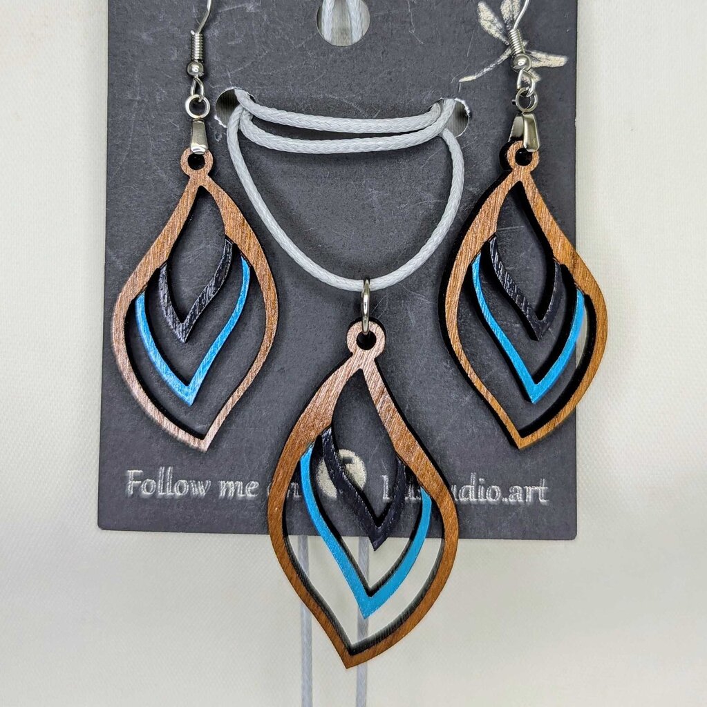 Earrings Necklace Set Cherry wood with black and turquoise detail