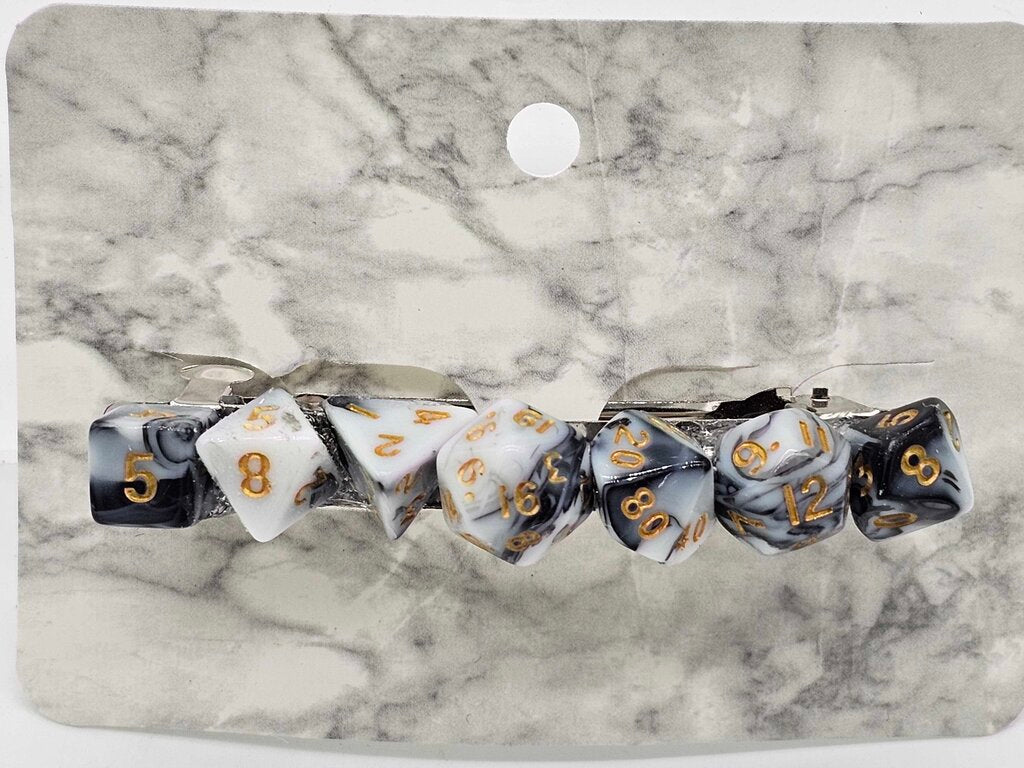 Mini Dice Barrette with Black and White Marble Dice with Gold numbers