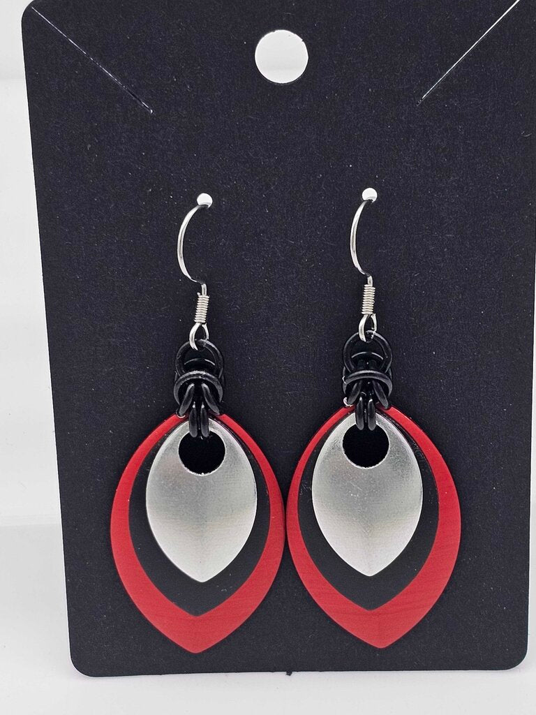 Red, Black, Silver Scale Earrings