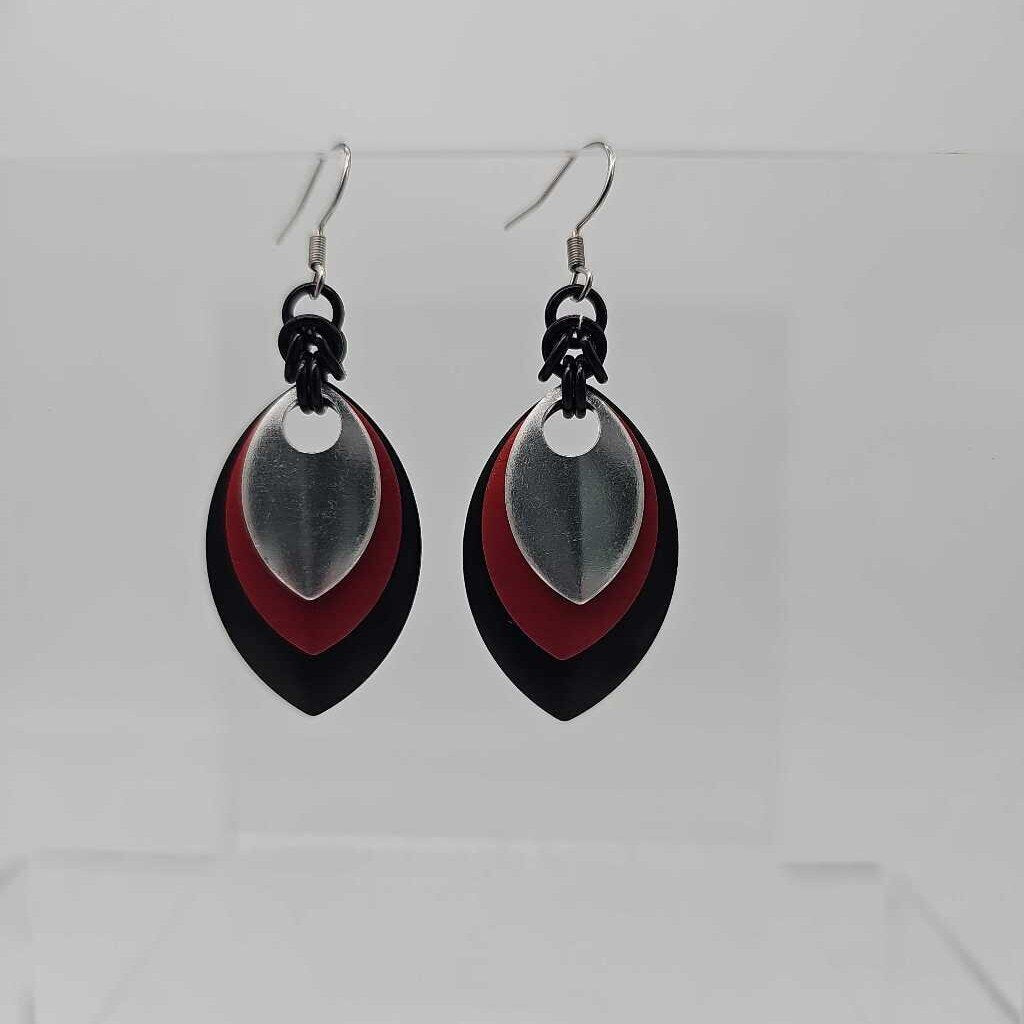 Black, Red, Silver Scale Earrings