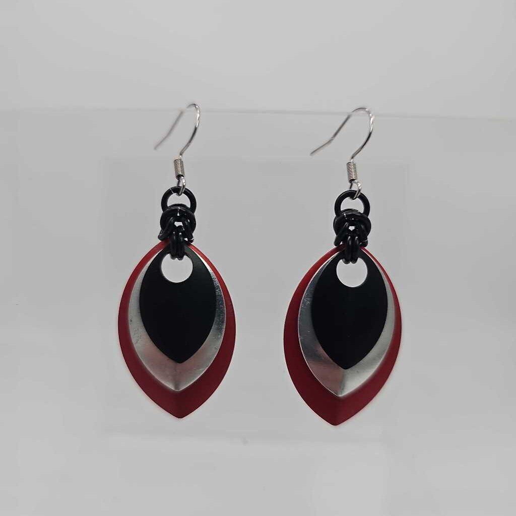 Red, silver, black scale earrings