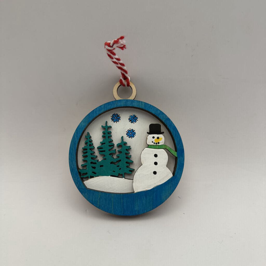 Layered Snowman Ornament blue trim